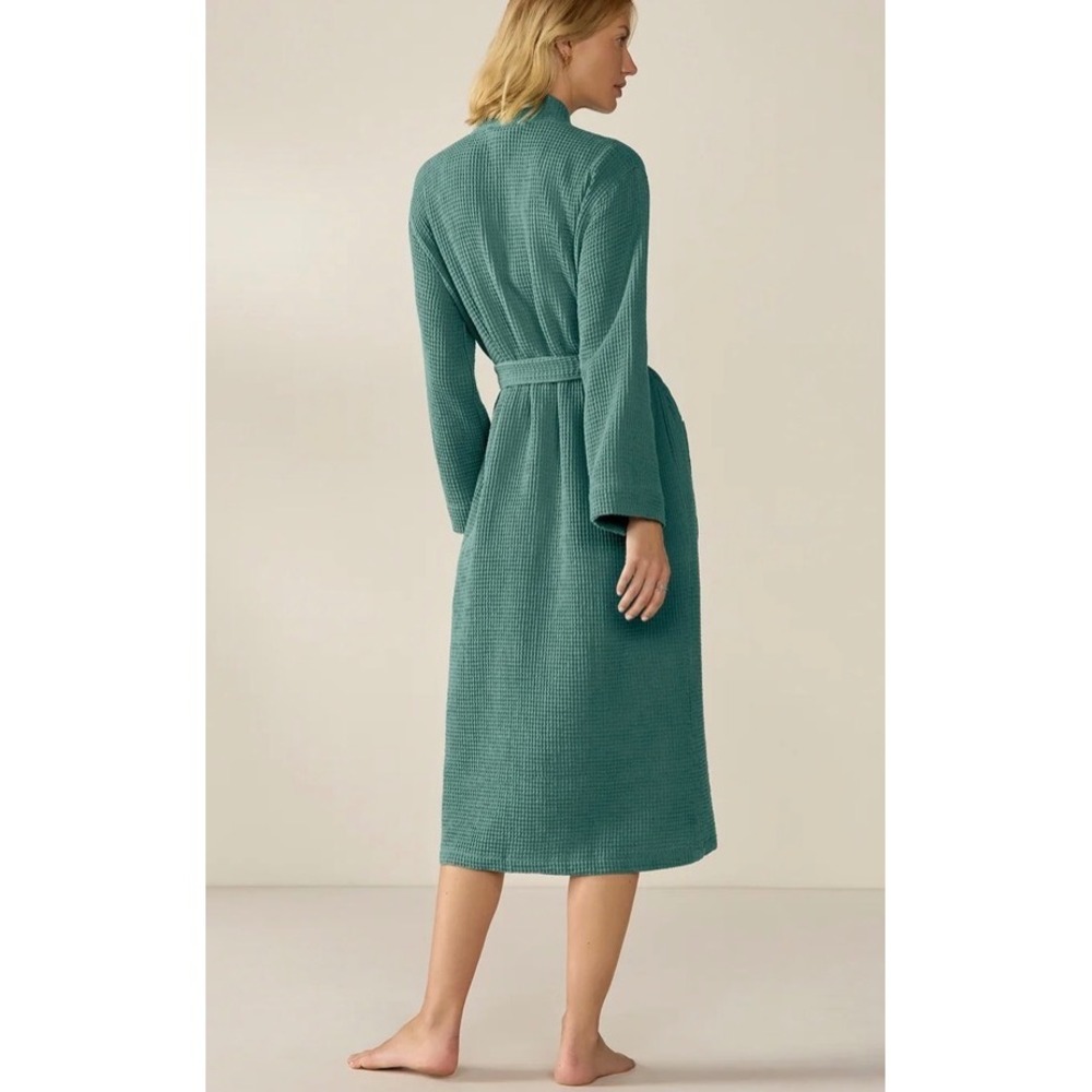 Coyuchi Organic Cotton Unisex Waffle Robe in Spruce Green S/M Self Tie NEW!! - Picture 2 of 11